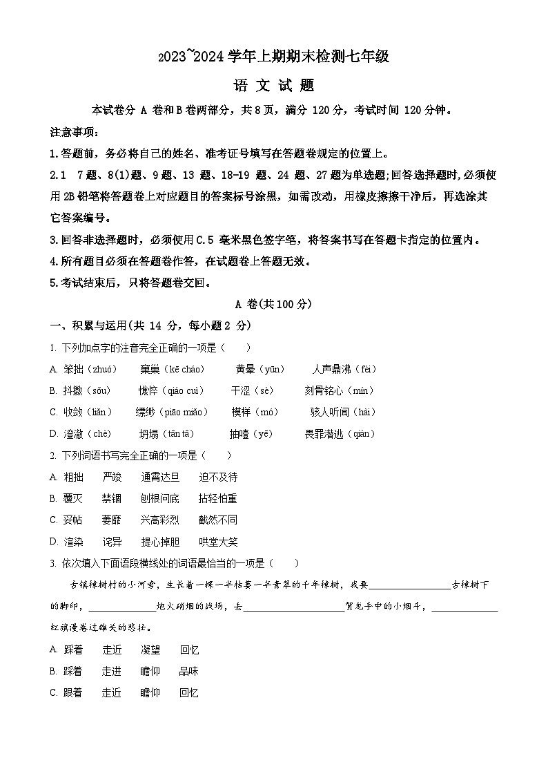 四川省雅安市2023-2024学年七年级上学期期末语文试题（原卷版+解析版）01
