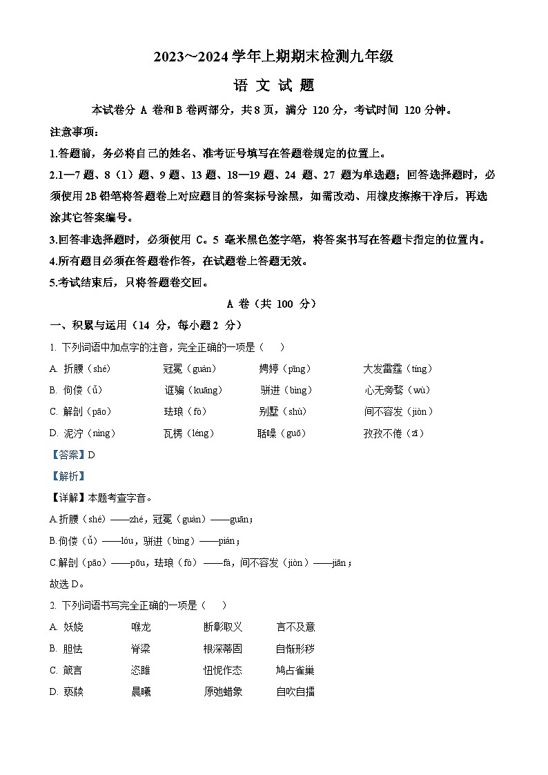 四川省雅安市2023-2024学年九年级上学期期末语文试题（原卷版+解析版）01