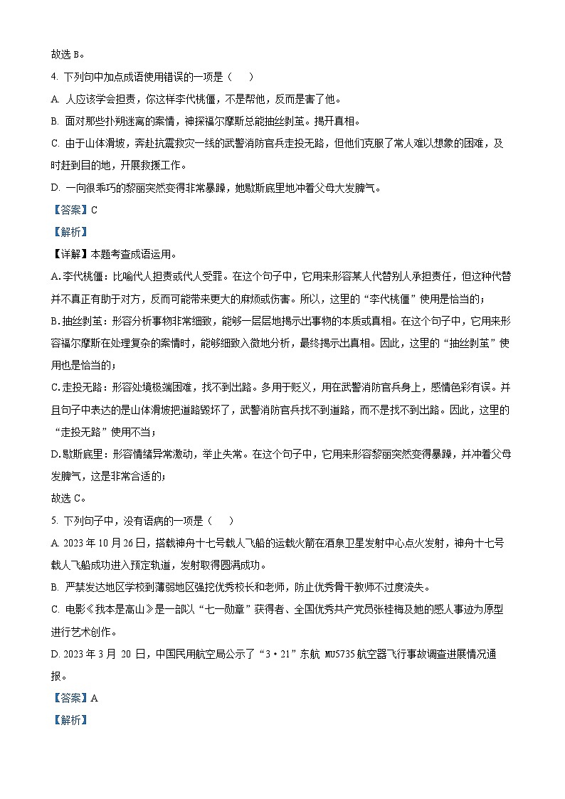 四川省雅安市2023-2024学年九年级上学期期末语文试题（原卷版+解析版）03