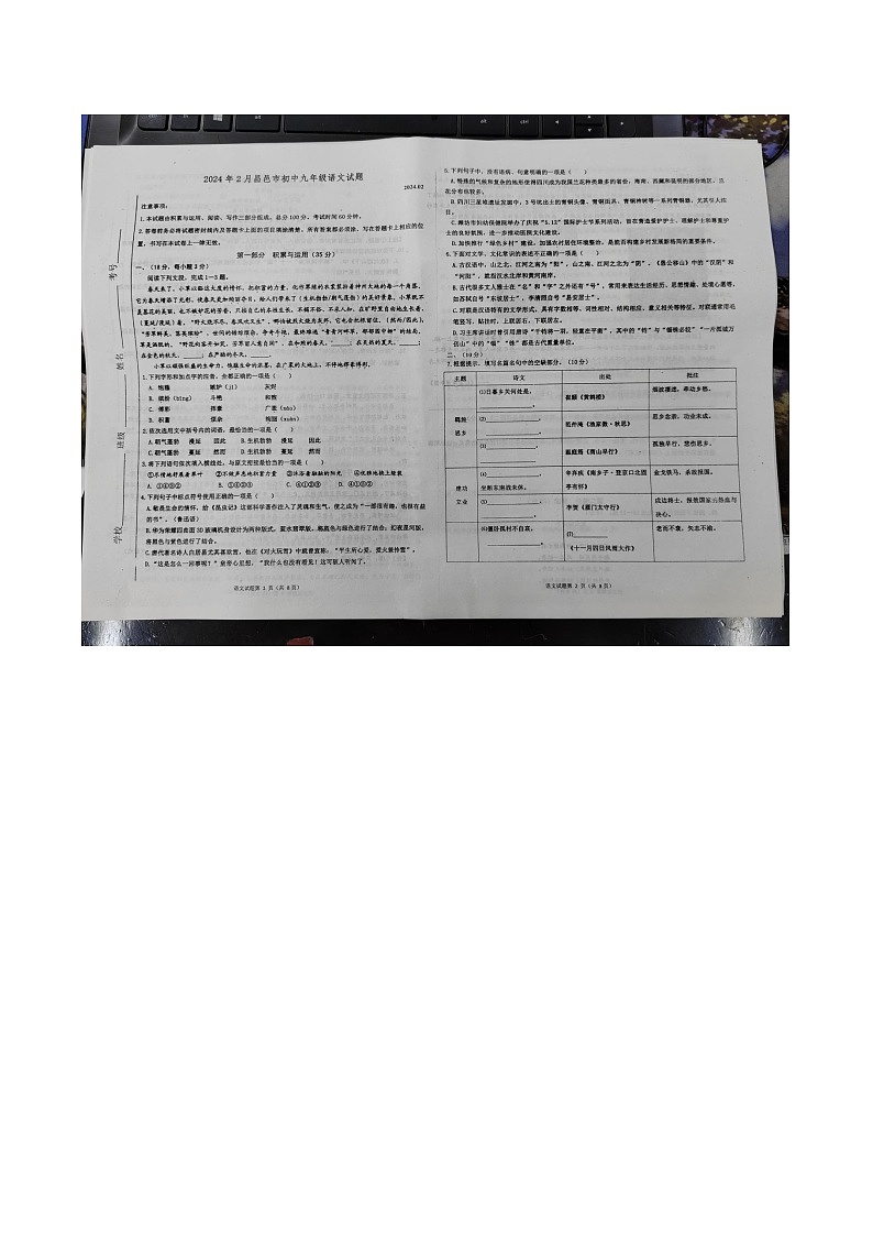 山东省潍坊市昌邑市2023-2024学年九年级下学期开学语文试题01