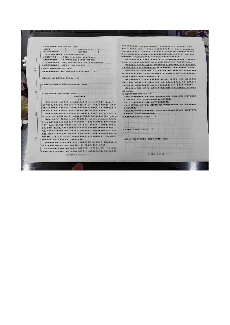 山东省潍坊市昌邑市2023-2024学年九年级下学期开学语文试题03