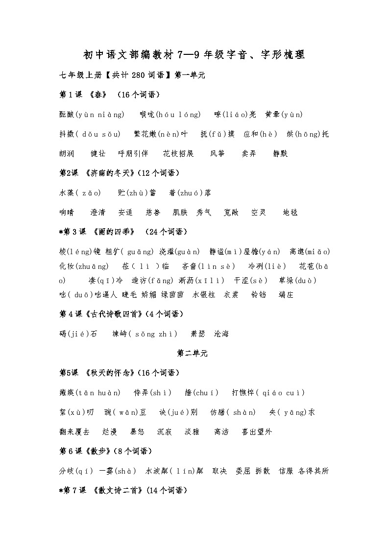 中考语文一轮专题复习：教材字音、字形梳理01