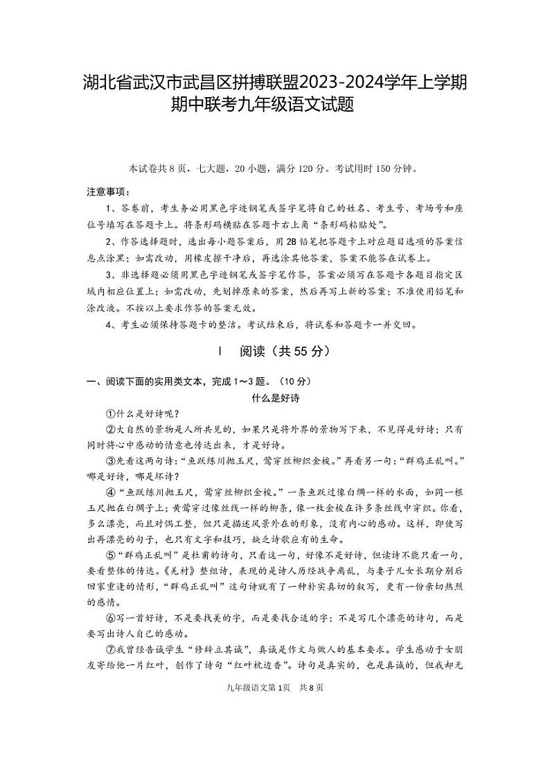 湖北省武汉市武昌区拼搏联盟2023-2024学年上学期期中联考九年级语文试题01