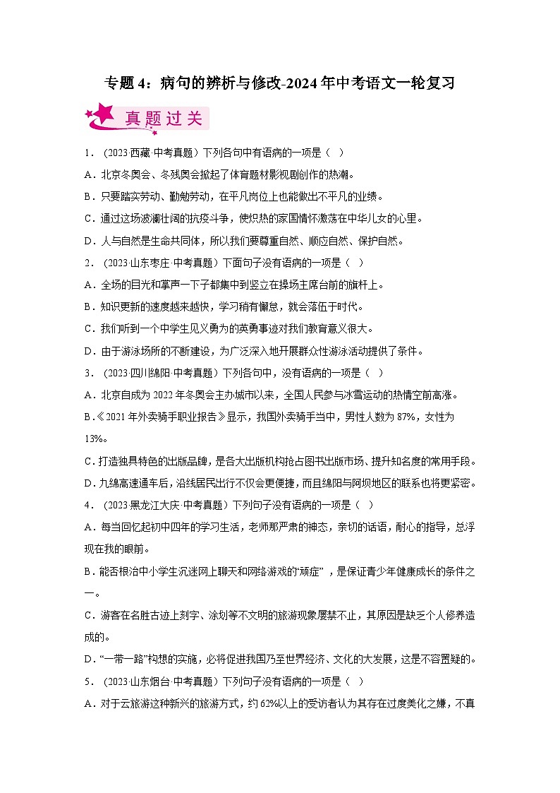2024年中考语文第一轮考点复习（全国通用） 专题04：病句的辨析与修改【习题精练】（原卷版+解析）第1页