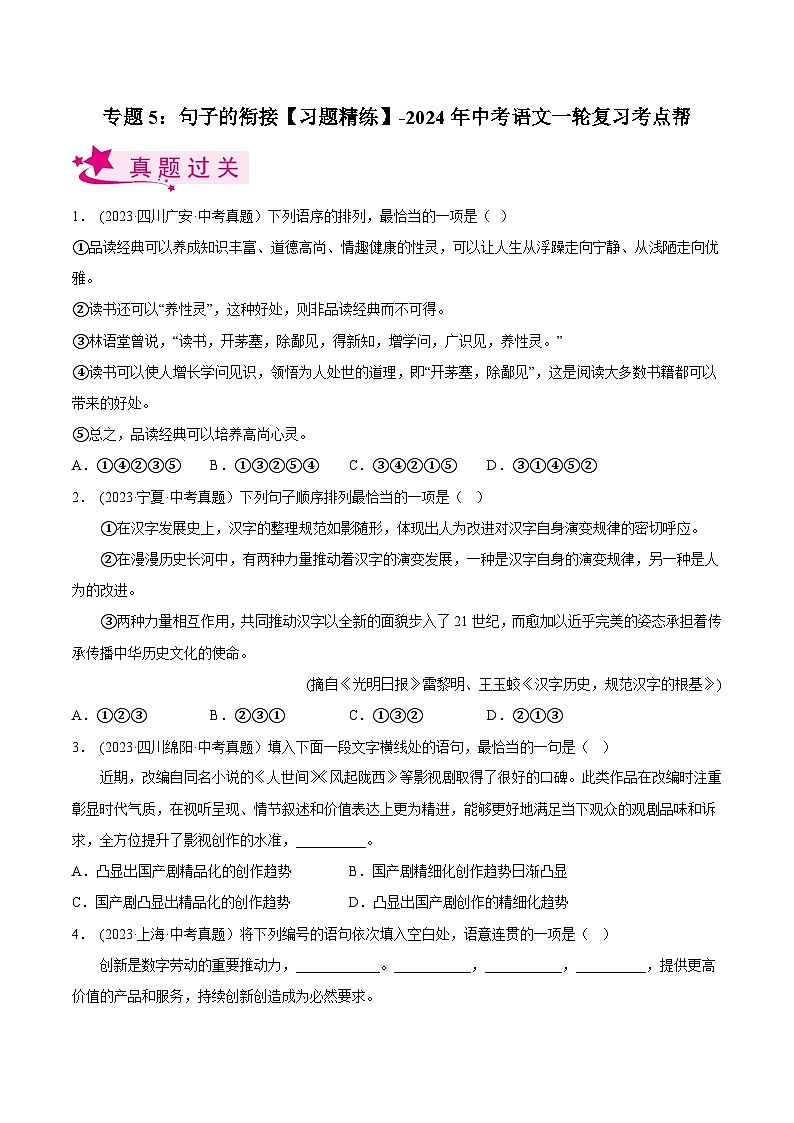2024年中考语文第一轮考点复习（全国通用） 专题05：句子的衔接【习题精练】（原卷版+解析）第1页