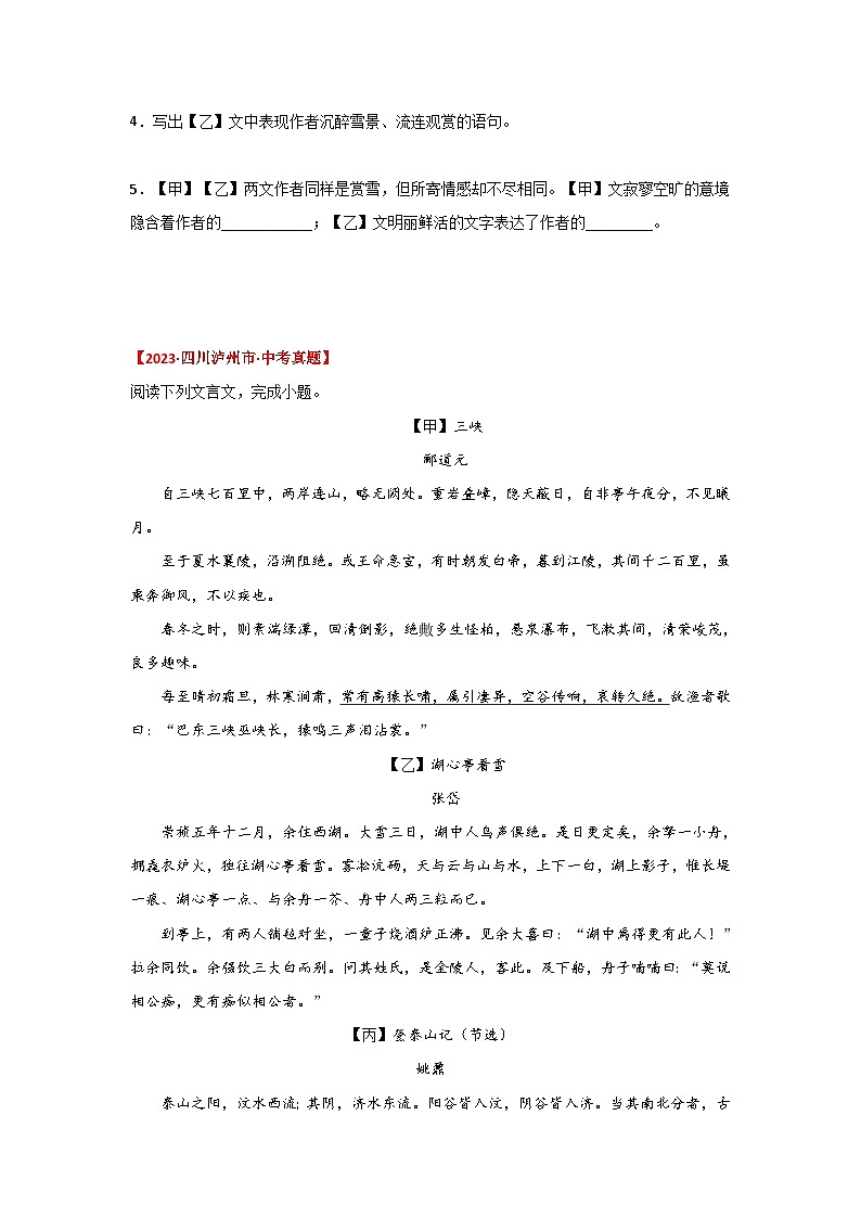 中考语文课内文言文知识点梳理+三年中考真题+模拟题 专题03 《湖心亭看雪》三年中考真题+模拟题（原卷版+解析）第3页