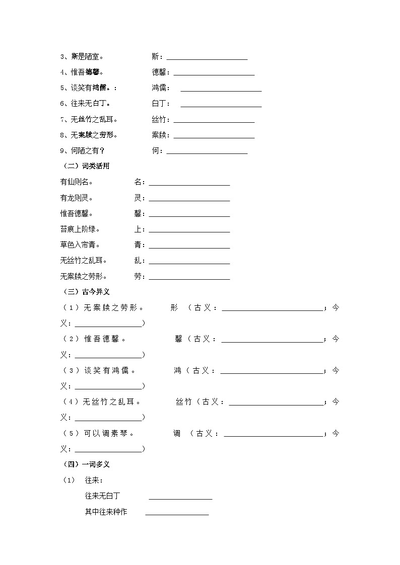 中考语文课内文言文知识点梳理+三年中考真题+模拟题 专题14 《陋室铭》知识点梳理（原卷版+解析）02