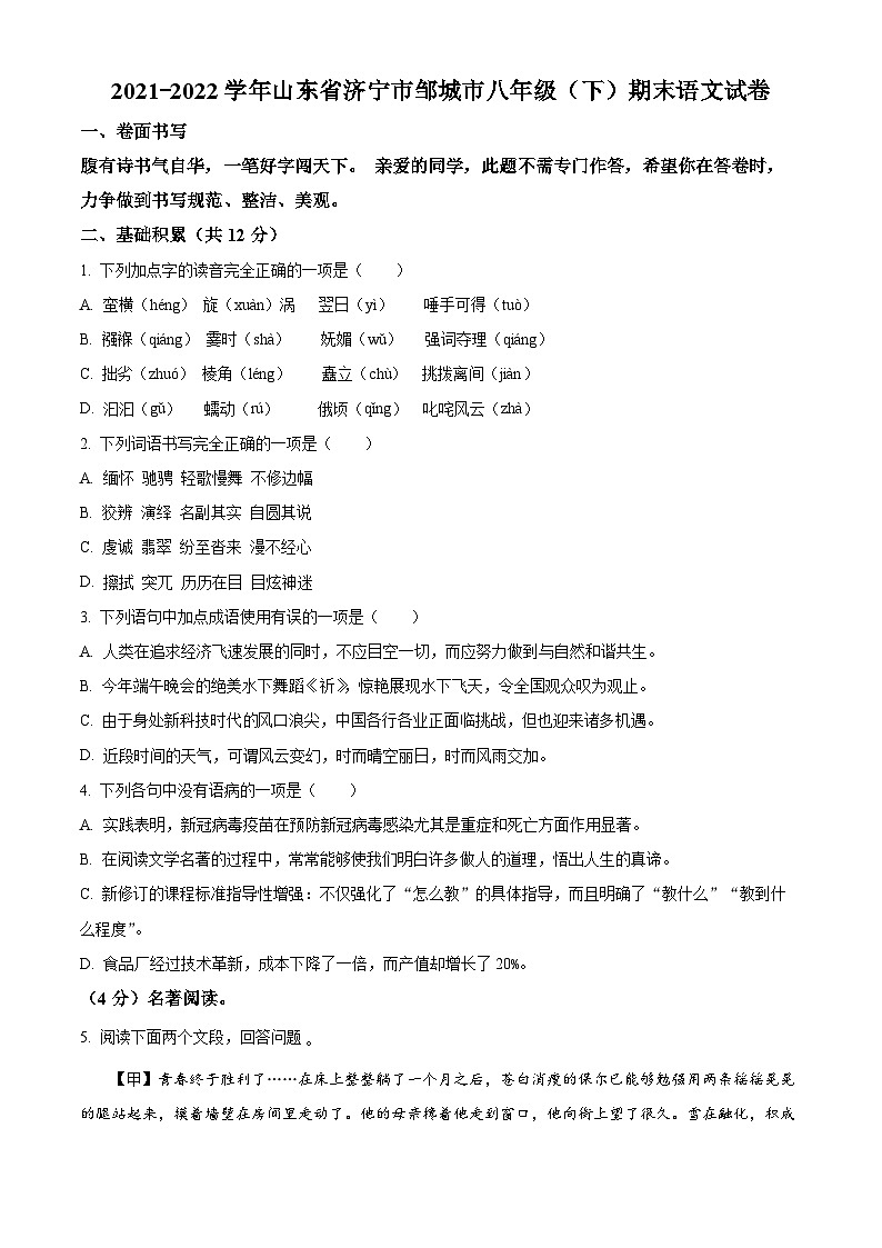 精品解析：山东省济宁邹城市2021-2022学年八年级下学期期末语文试题（原卷版）第1页