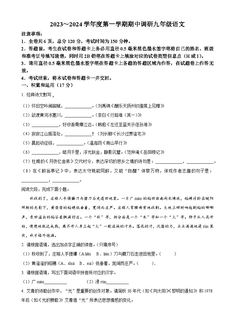 精品解析：陕西省渭南市渭南初级中学2023-2024学年九年级上学期期中语文试题（原卷版）第1页