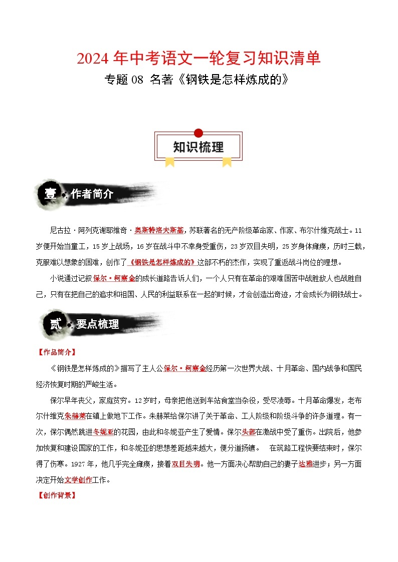 专题08 名著《钢铁是怎样炼成的》-备战2024年中考语文一轮复习必备知识清单（全国通用）01