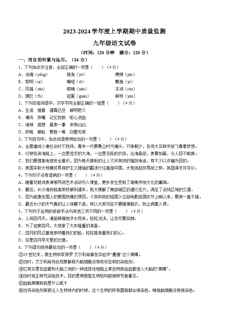81，辽宁省鞍山市海城市岔沟镇初级中学、接文镇初级中学2023-2024学年九年级上学期期中语文试题01