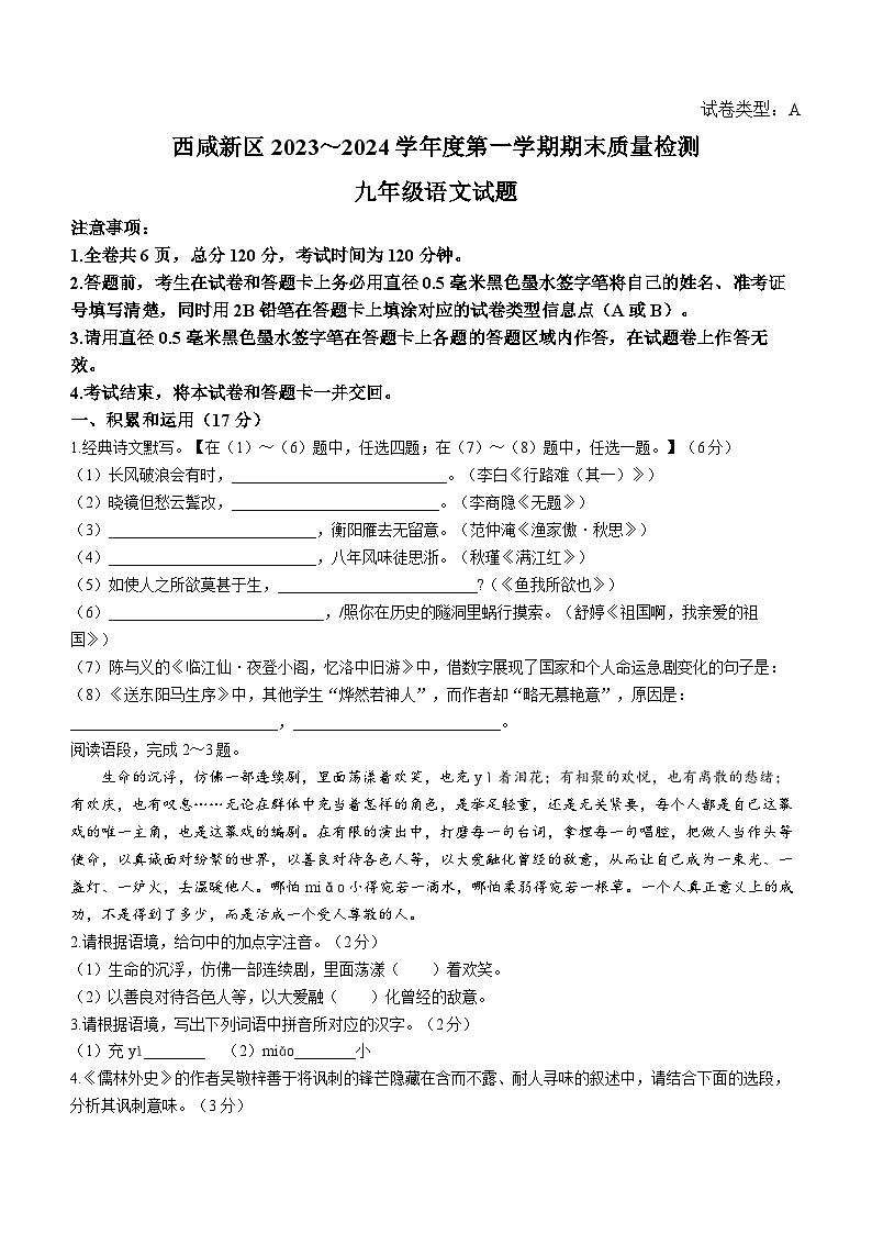 陕西省西安市西咸新区2023-2024学年九年级上学期期末语文试题01