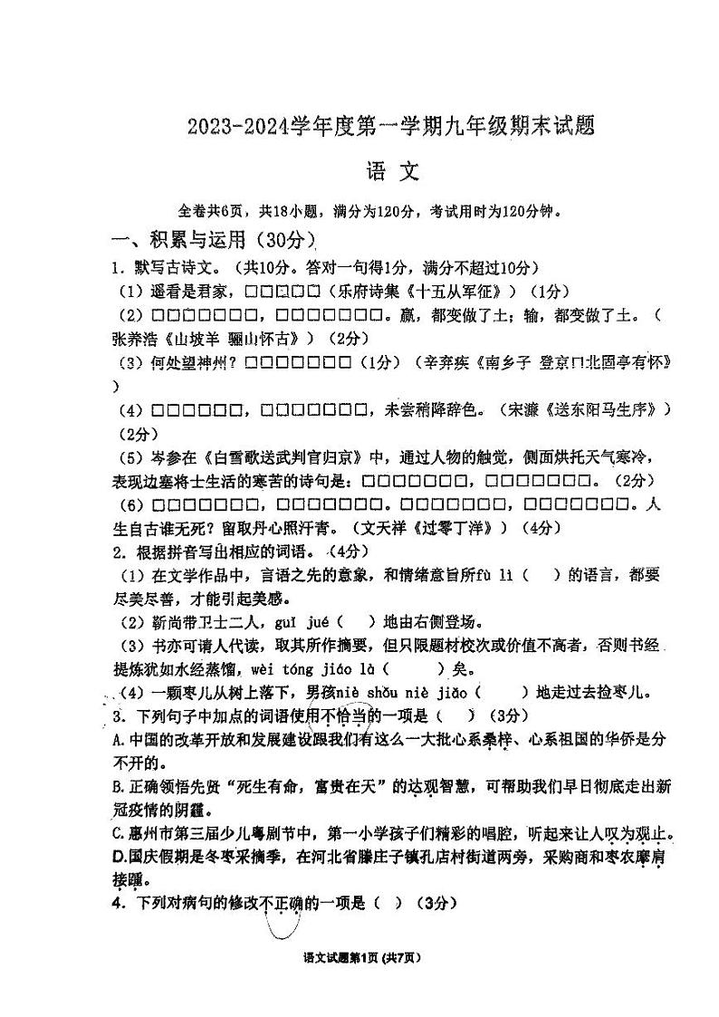广东省惠州市惠台学校2023—2024学年九年级上学期期末考试语文试题01