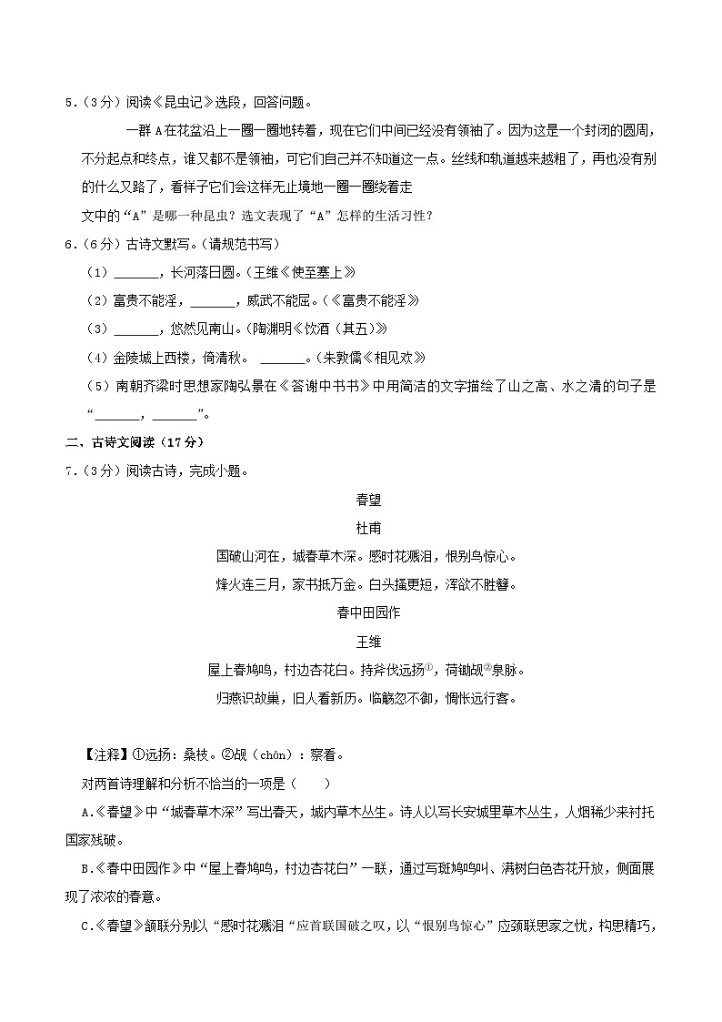 2022-2023学年辽宁省大连市金普新区八年级上学期期末语文试题及答案02