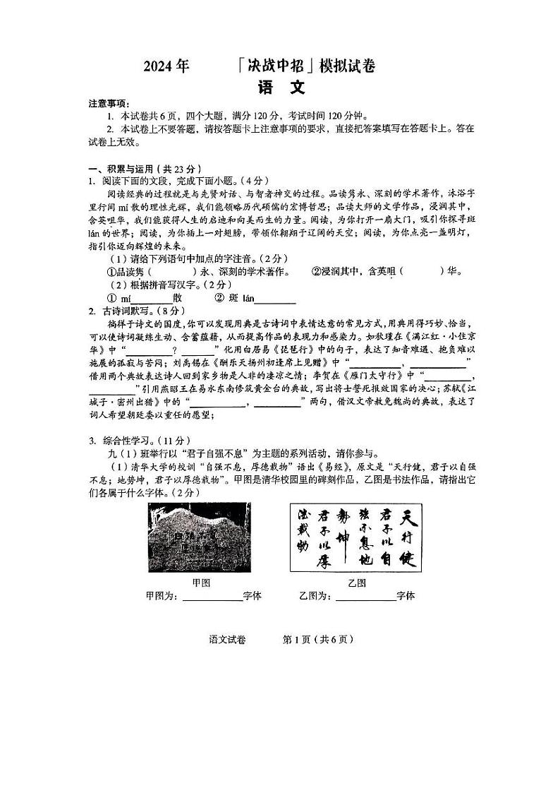 31，2024年河南省驻马店市泌阳县中考一模语文试题01