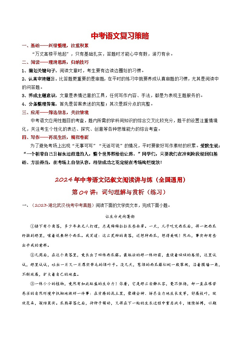 第09讲：词句理解与赏析（练习）-2024年中考语文记叙文阅读课件+讲义+练习（全国通用）01