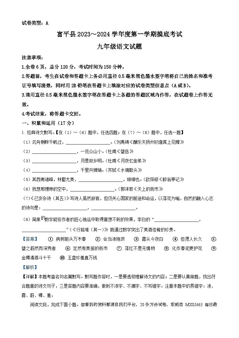 16，陕西省渭南市富平县2023-2024学年九年级上学期期末语文试题01