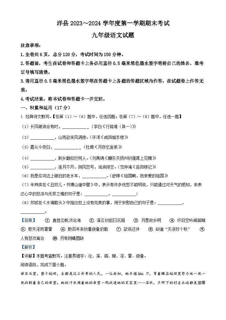 46，陕西省洋县2023-2024学年九年级上学期期末语文试题01
