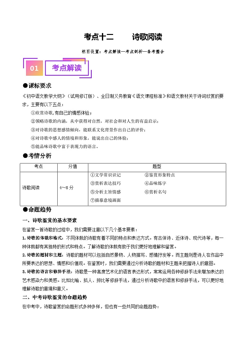 考点十二 诗歌阅读（重难讲义）-备战2024年中考语文一轮复习讲练测（全国通用）01