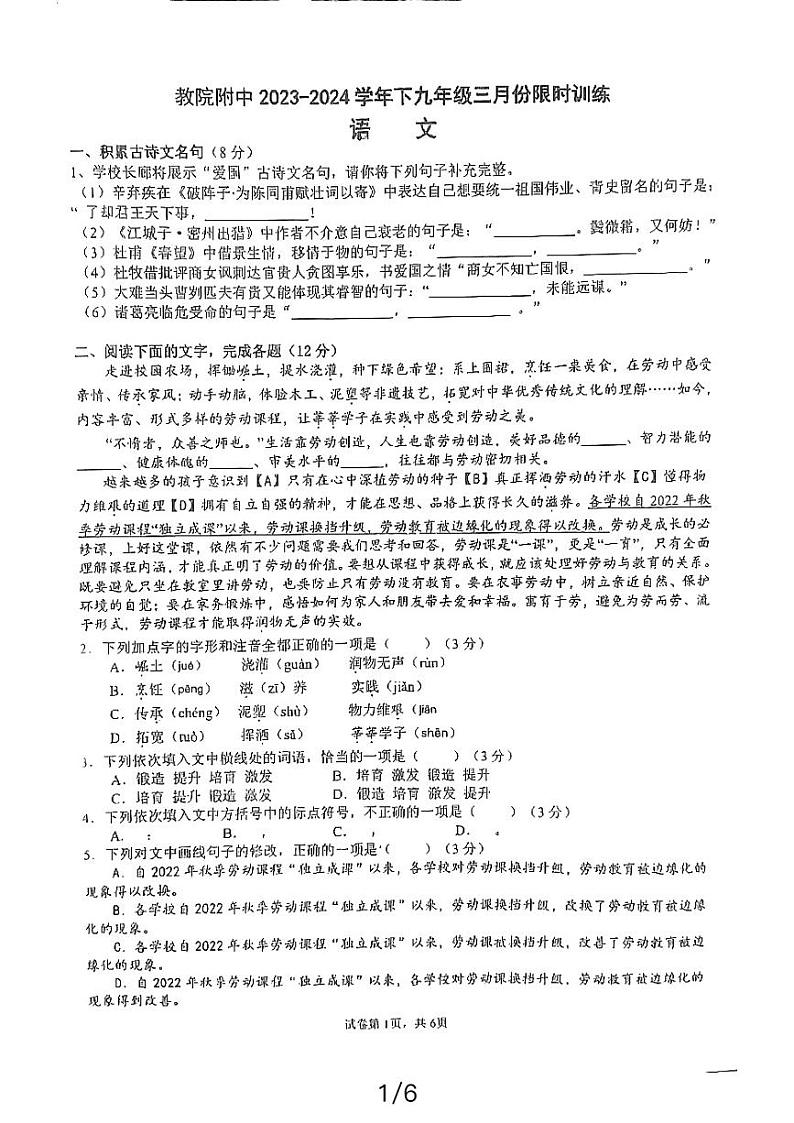 福建省福州教育学院附属中学2023-2024学年九年级下学期开学语文试题01