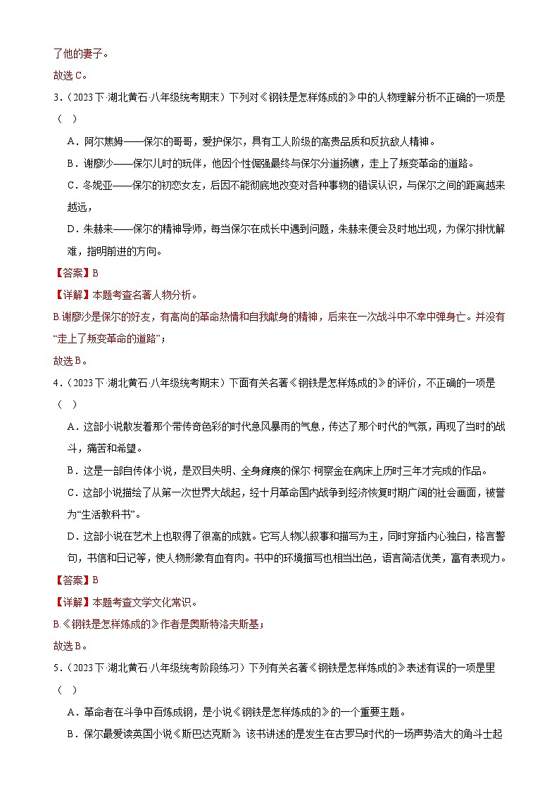 8《钢铁是怎样炼成的》-2024年中考语文名著导读通关训练（解析版）第2页