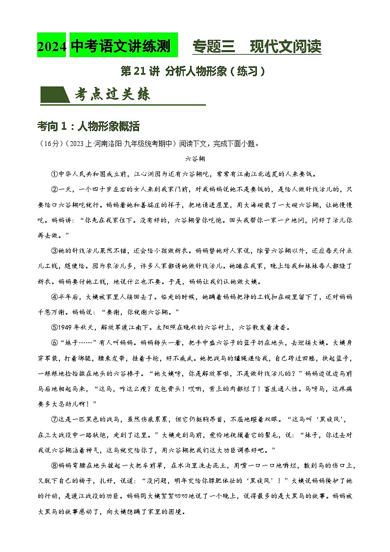 第21讲 分析人物形象（练习）2024年中考语文讲练测（解析版）01