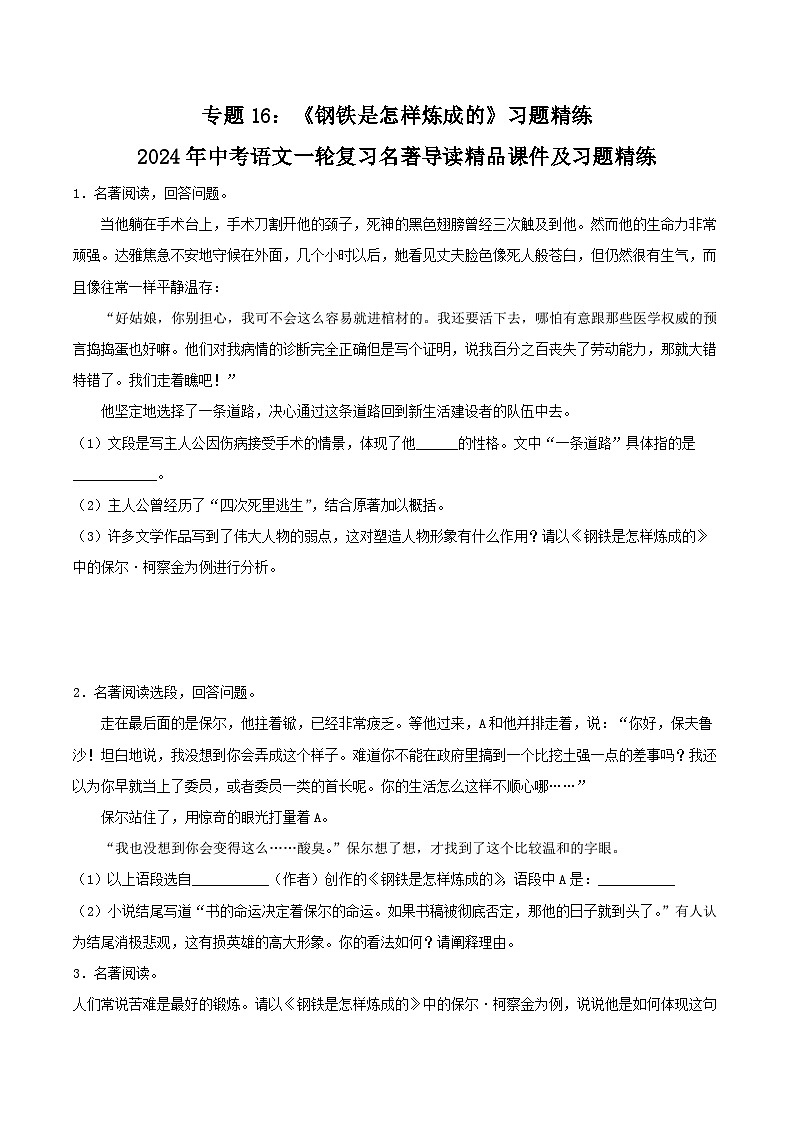 中考语文学案-《钢铁是怎样炼成的》中考资料2024第1页