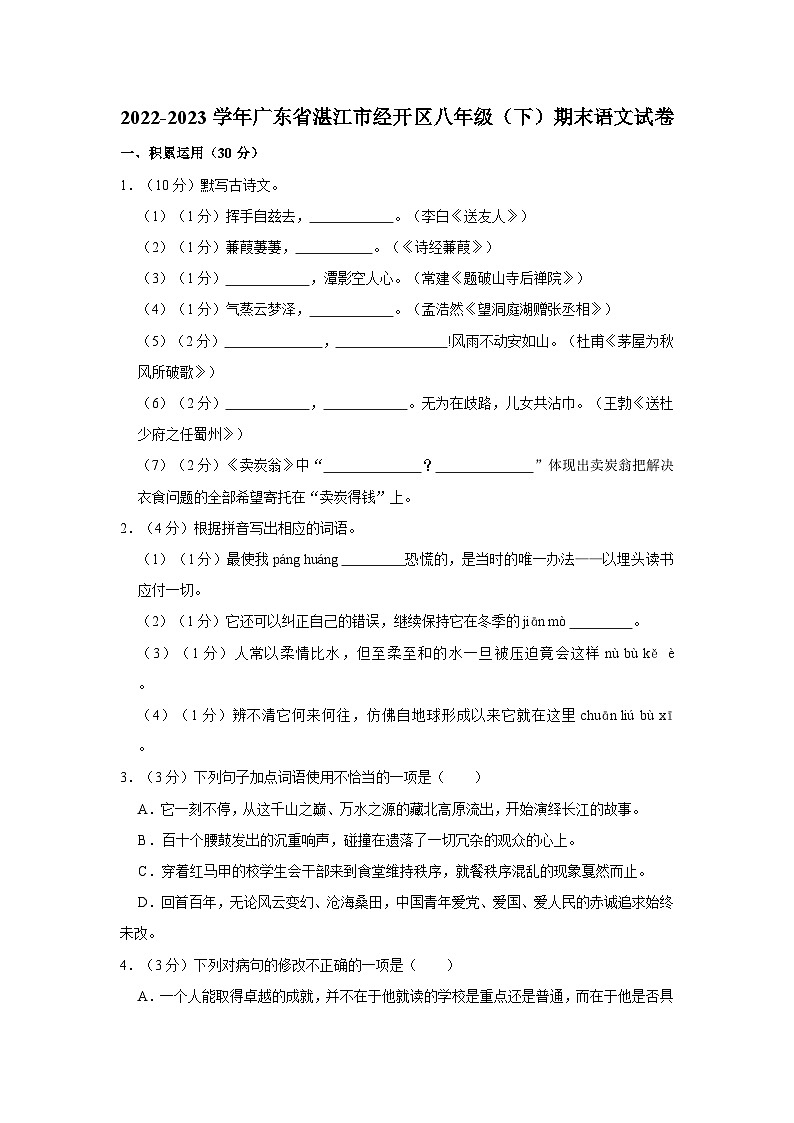 2022-2023学年广东省湛江市经开区八年级（下）期末语文试卷01
