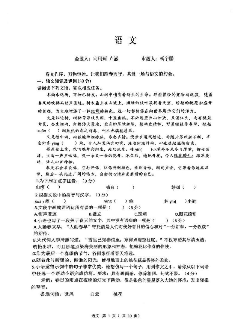 重庆市鲁能巴蜀中学校2023-2024学年九年级下学期月考语文试卷01