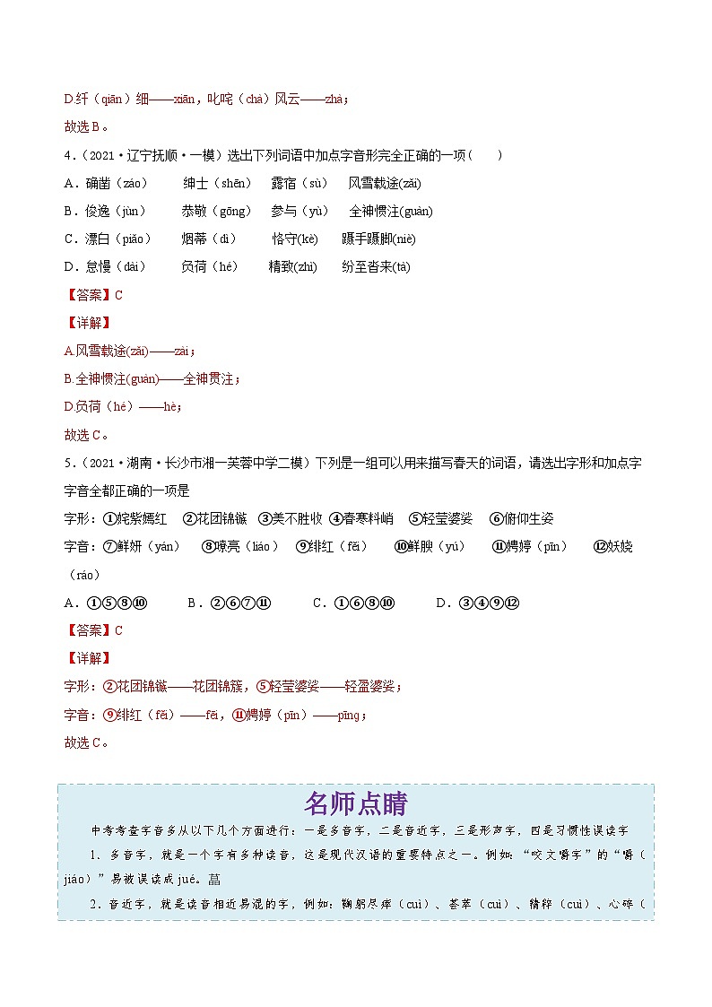 中考语文考点一遍过 考点01 字音（教师版）第3页