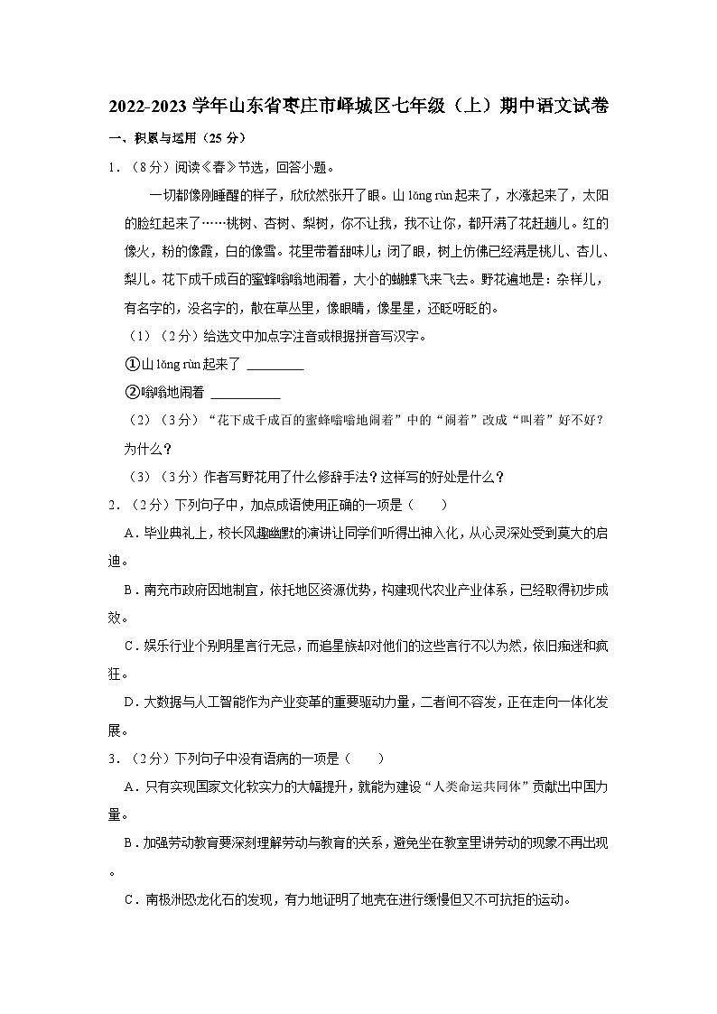 山东省枣庄市峄城区2023—2024学年七年级上学期期中质量检测语文试卷01