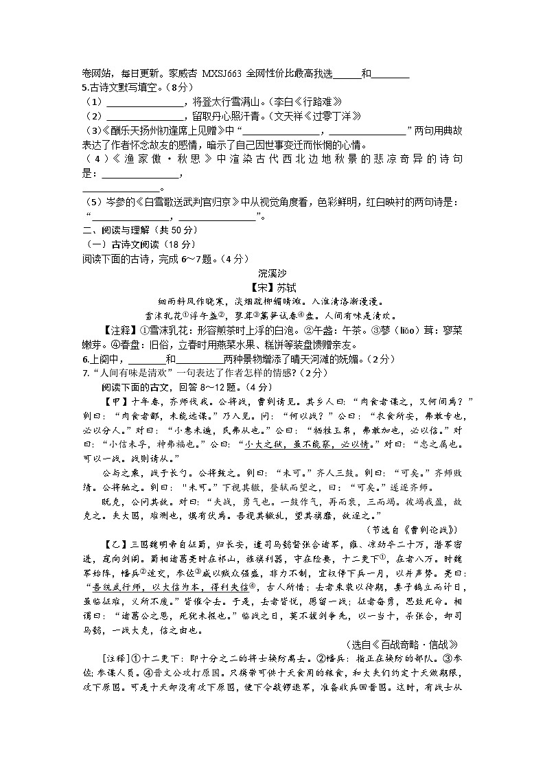 2024年湖南省邵阳市新邵县中考一模语文试题02