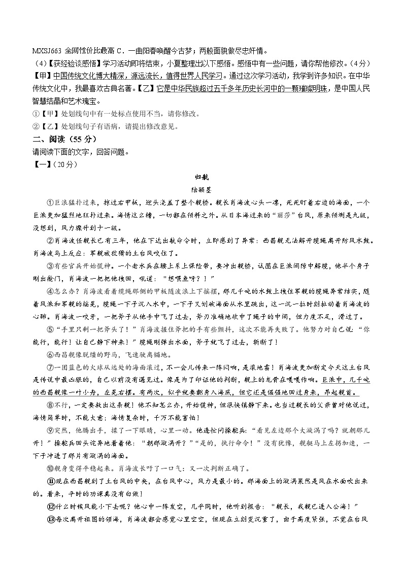 安徽省安庆市石化第一中学2023-2024学年九年级下学期开学考试语文试题02