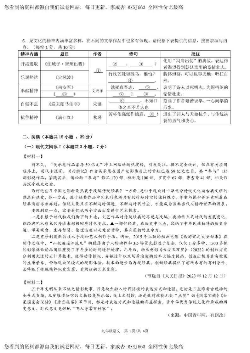 广西南宁天桃教育集团2023-2024学年九年级下学期3月月考语文试题(3)02