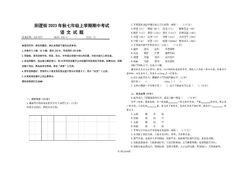湖北省武汉市新洲区阳逻街三校2023-2024学年七年级上学期期中考试语文试题01