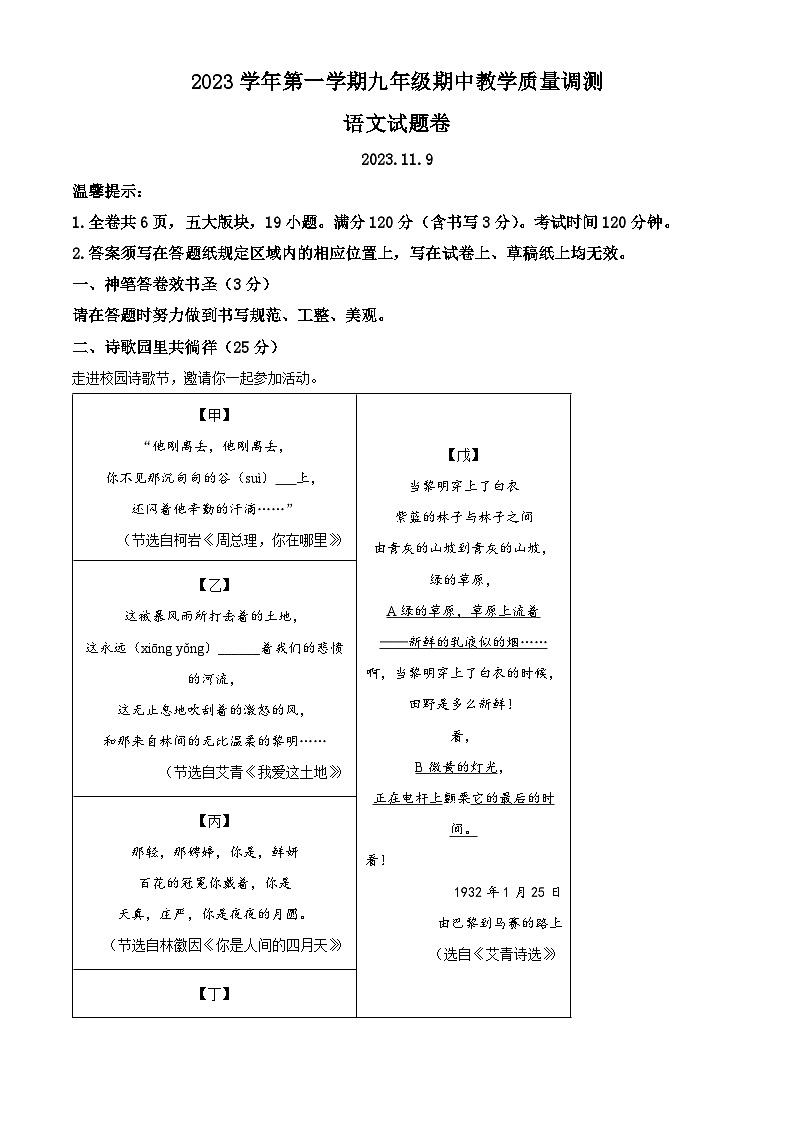浙江省绍兴市上虞全区2023-2024学年九年级上学期期中语文试题01