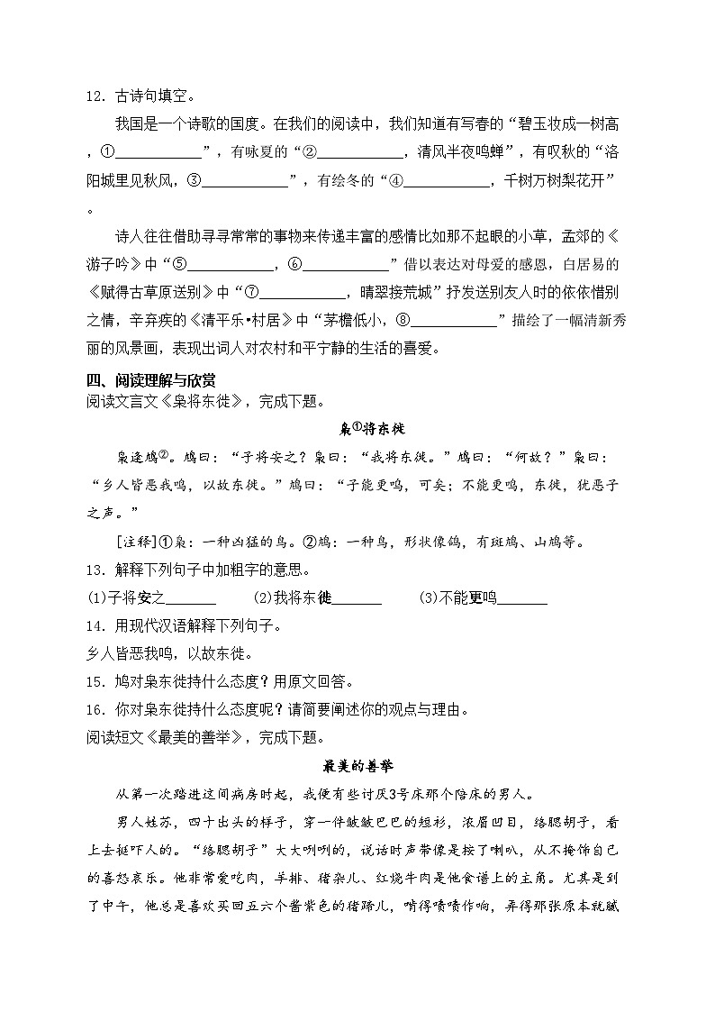 浙江省2022-2023学年七年级下学期入学分班考试语文试卷(含答案)03