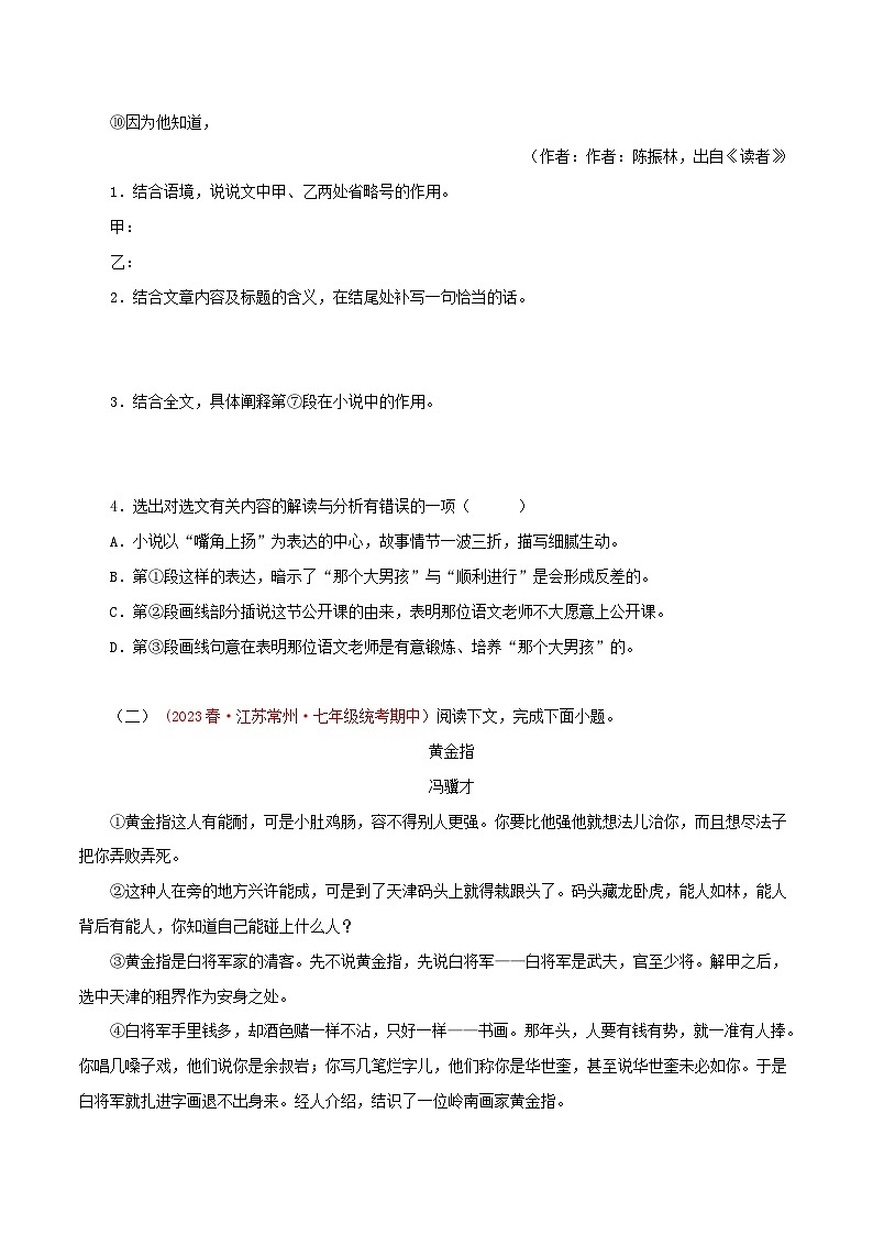 2023-2024学年七年级语文下学期期中专题复习(江苏专用)专题10：小说阅读(原卷版+解析)第2页