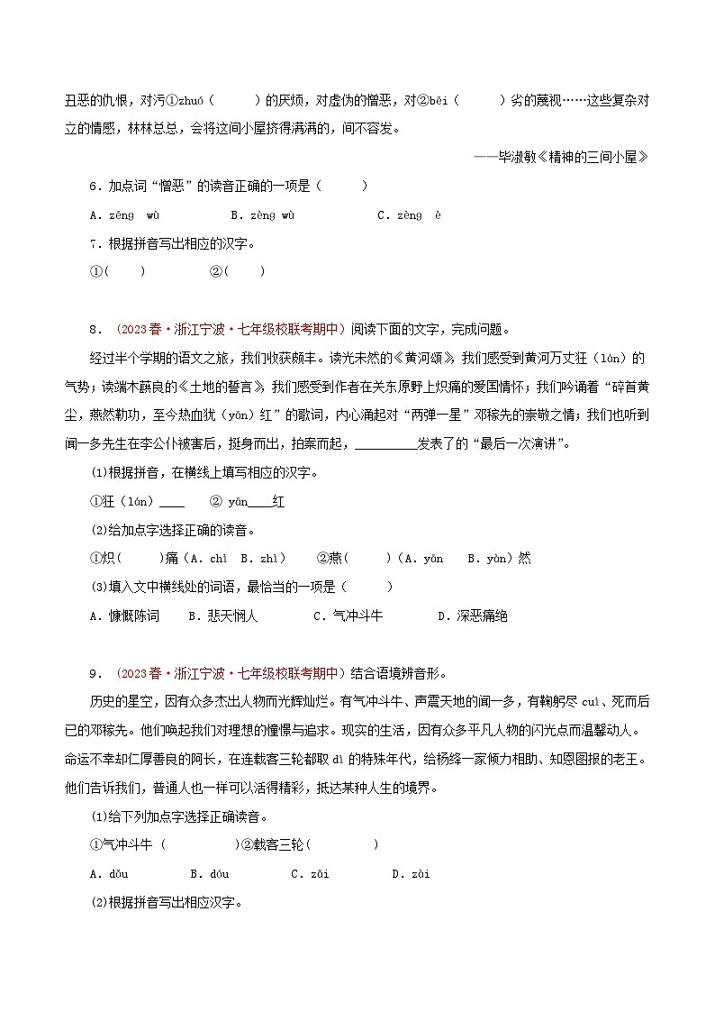 2023-2024学年七年级语文下学期期中专题复习(浙江专用)专题01：基础知识综合(原卷版+解析)03