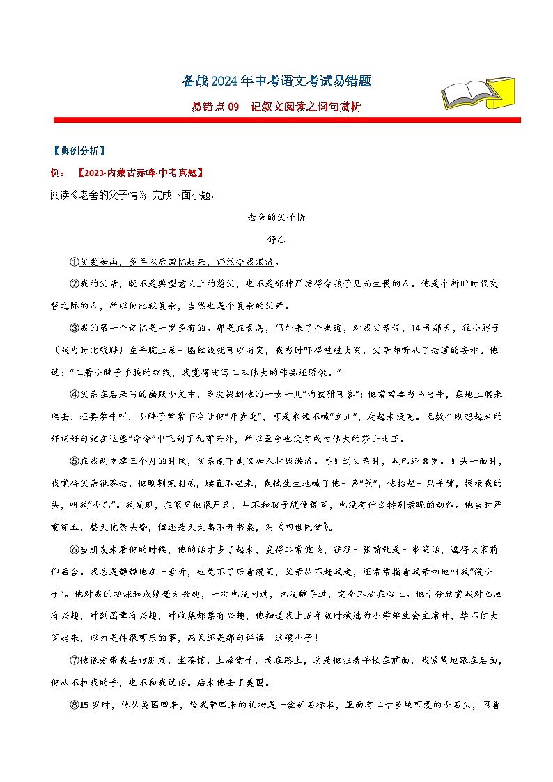 备战2024年中考语文考试易错题易错点09记叙文阅读之词句赏析(原卷版+解析)第1页