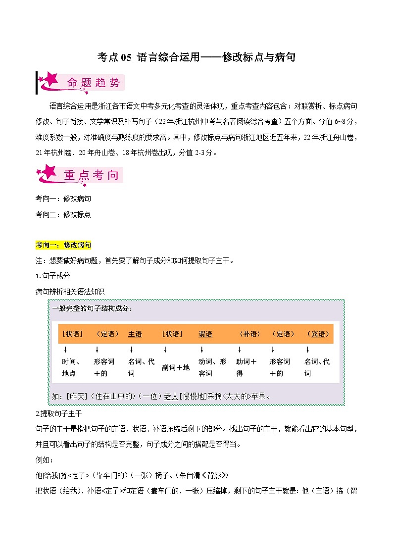 备战2024年中考语文一轮复习考点(浙江专用)考点05语言综合运用——修改标点与病句(原卷版+解析)01