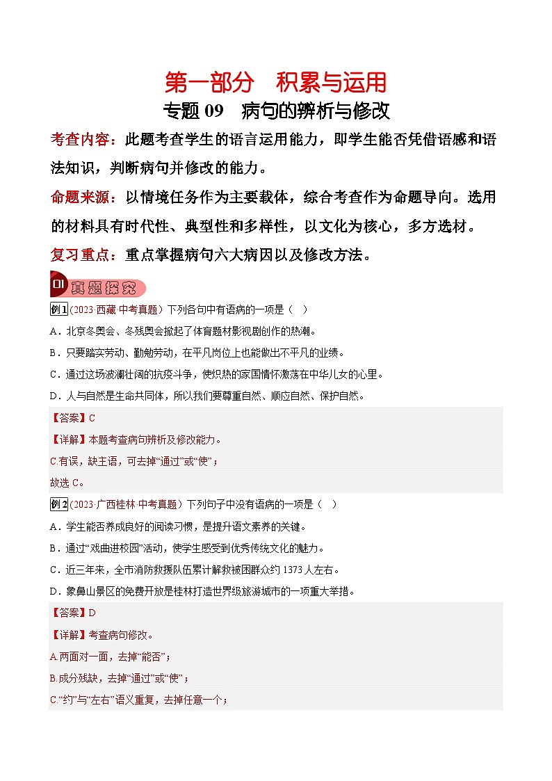 2024年中考总复习真题探究与变式训练(全国通用)专题09病句的修改与辨析(原卷版+解析)01