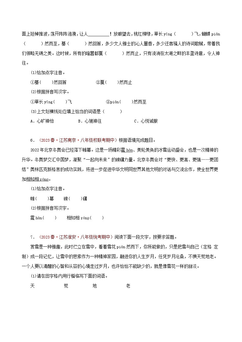 2023-2024学年八年级语文下学期期中专题复习(江苏专用)专题02：基础知识综合(原卷版+解析)03