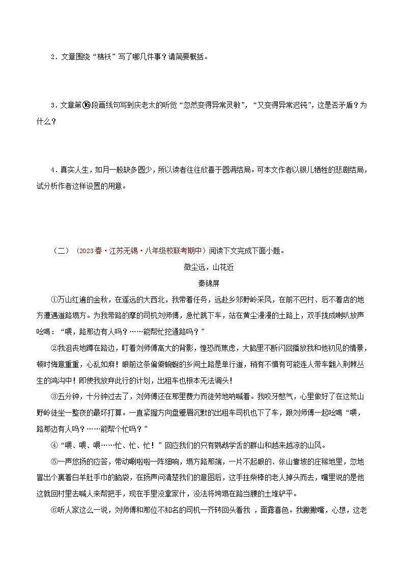 2023-2024学年八年级语文下学期期中专题复习(江苏专用)专题10：小说阅读(原卷版+解析)03