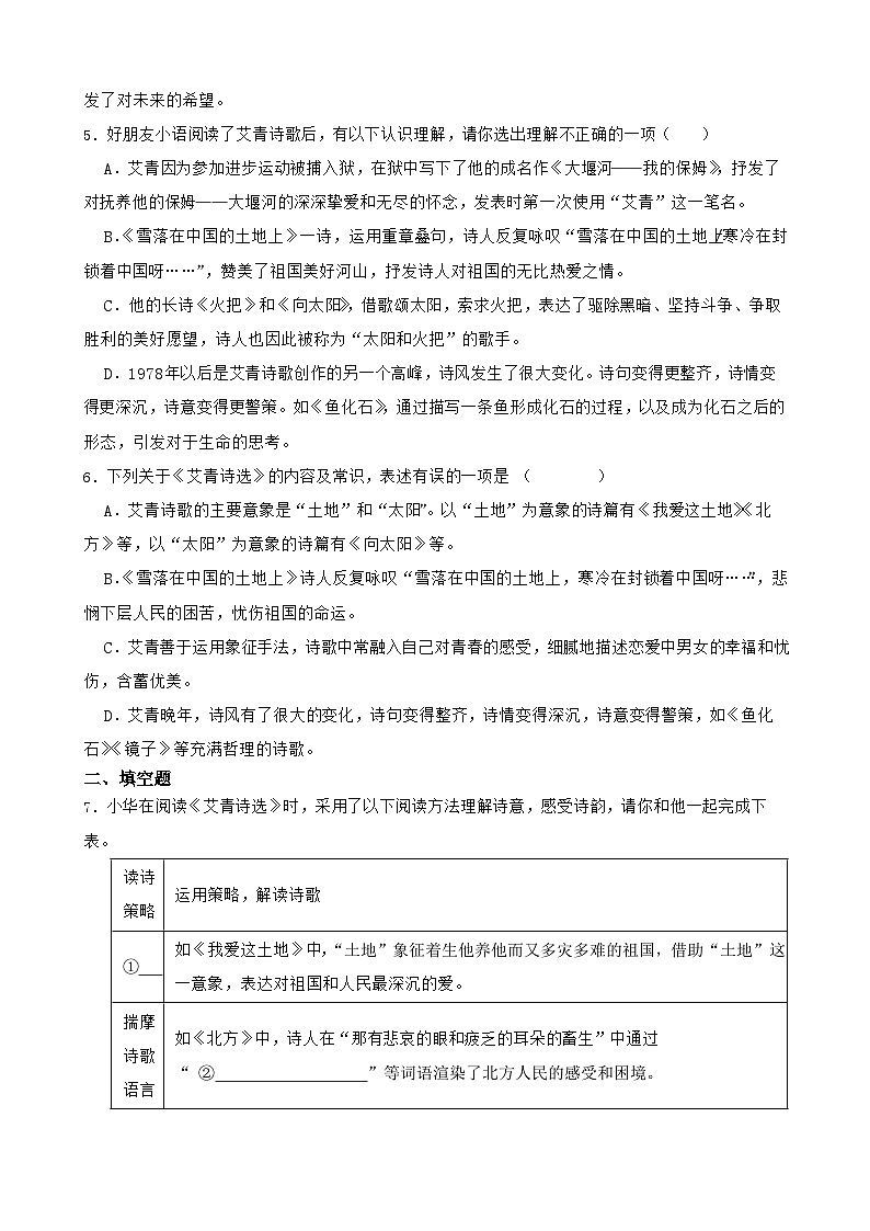 2024年中考语文一轮复习：名著导读《艾青诗选》练习第2页