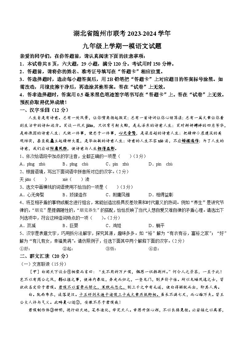2024年湖北省随州市曾都区、随县多校联考中考一模语文试题01