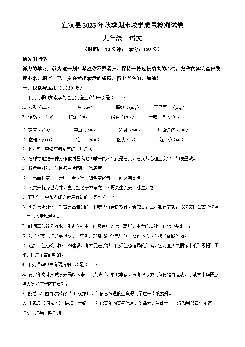 精品解析：四川省达州市宣汉县2023-2024学年九年级上学期期末语文试题（原卷版）第1页