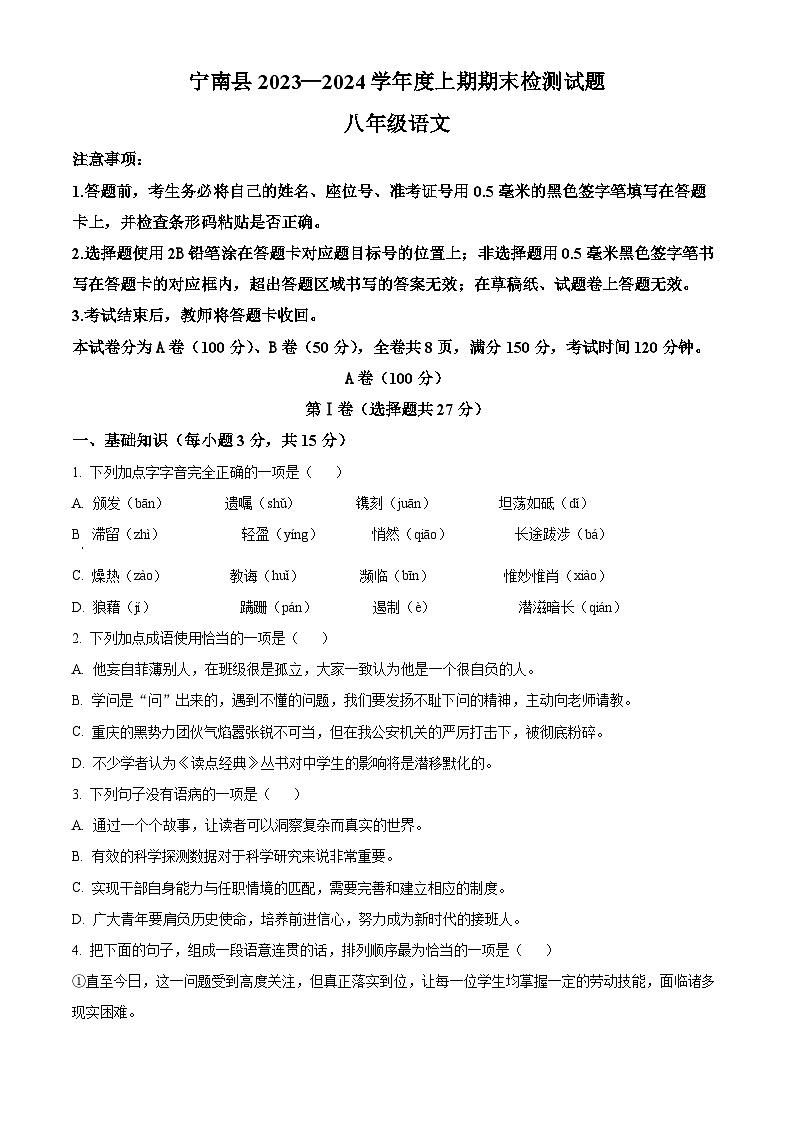 精品解析：四川省凉山州宁南县2023-2024学年八年级上学期期末语文试题（原卷版）第1页