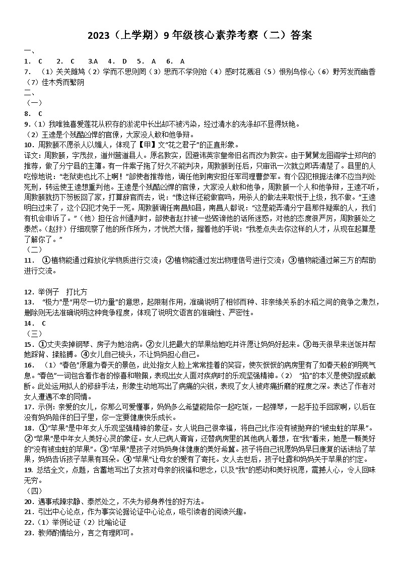 2023（上学期）九年级核心素养考察（二）答案第1页