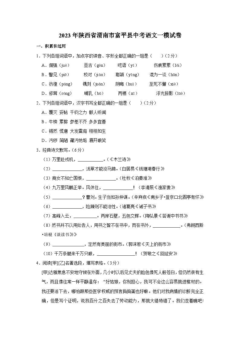 2023年陕西省渭南市富平县中考一模语文试卷01